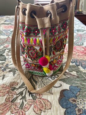 Anthropologie A & B Embroidered Bucket Crossbody Bag with Beaded Accents